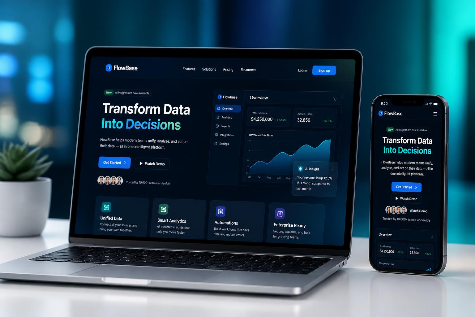 Mockup de landing page profissional exibido em notebook e smartphone